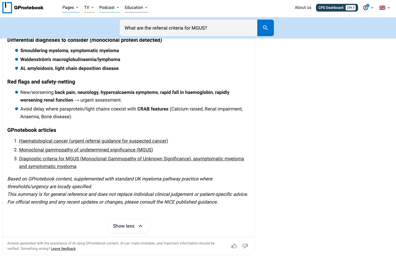 A GPnotebook webpage showing search results for "What are the referral criteria for MGUS?", listing differential diagnoses and red flags.