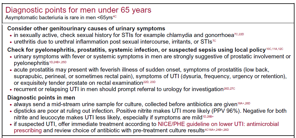 Text image listing diagnostic guidelines for urinary symptoms in men under 65, including considerations for infections and testing protocols