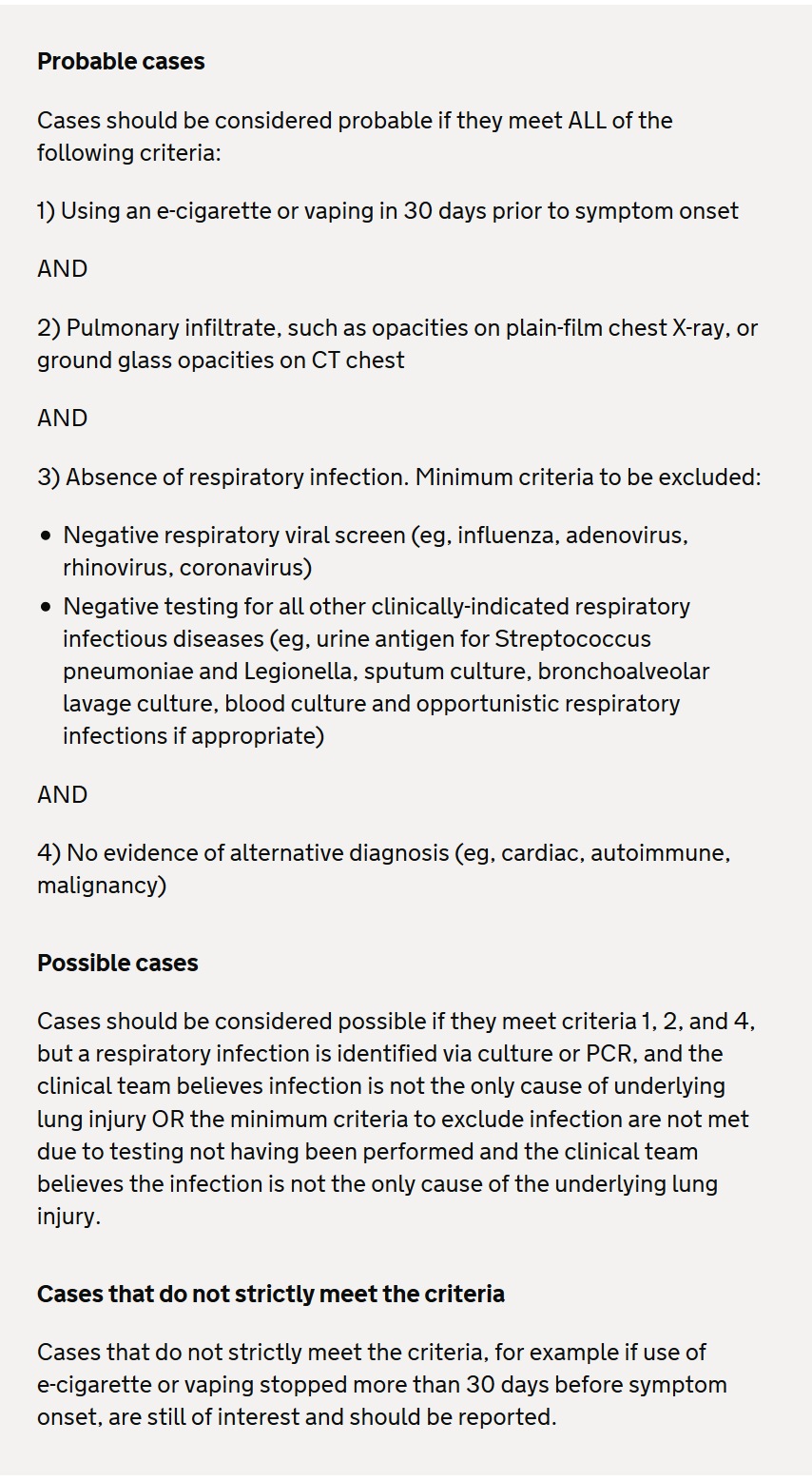 Textual image listing criteria for classifying cases as probable or possible related to e-cigarette or vaping product use-associated lung injury, including diagnostic guidelines and exclusion of other respiratory infections.