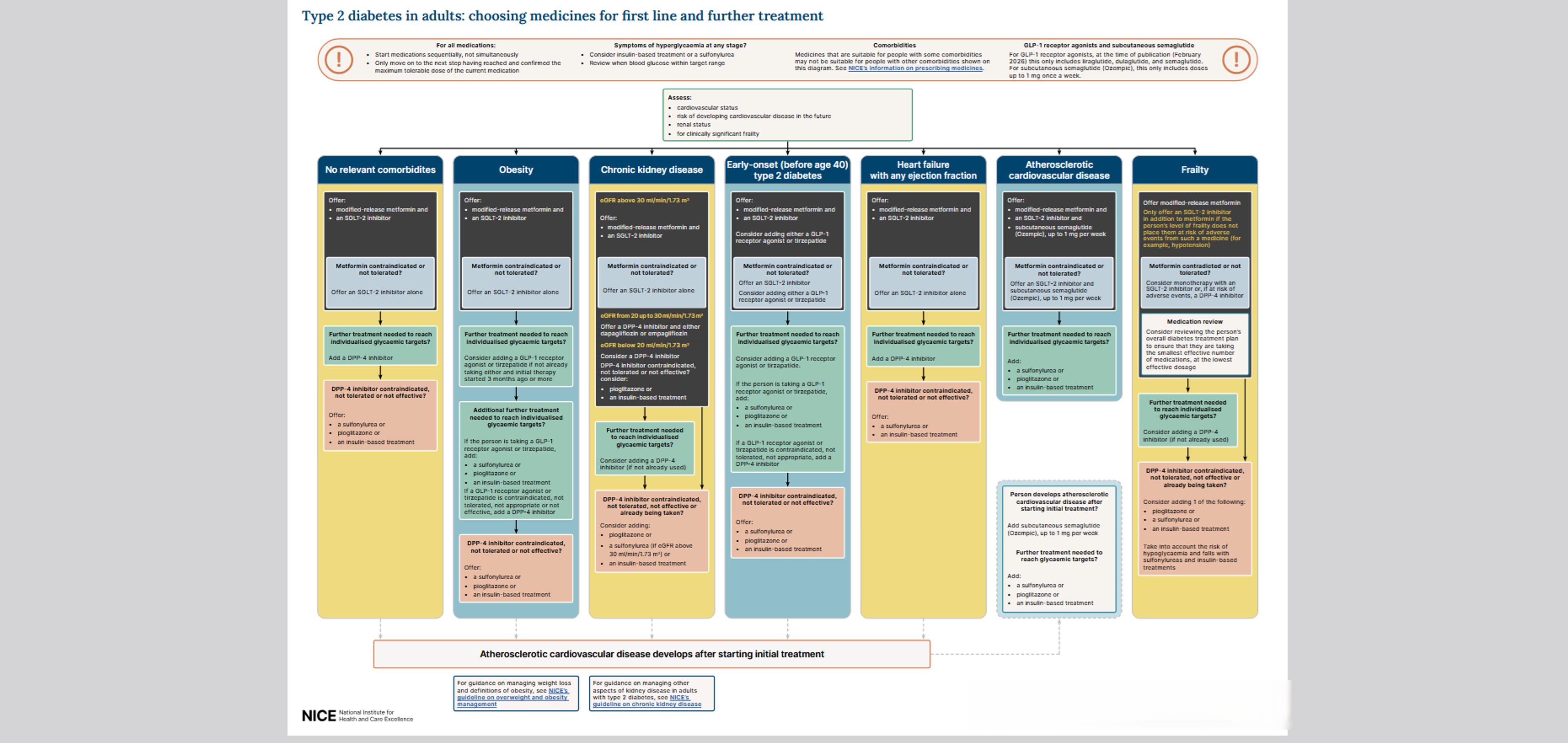 A medical flowchart from NICE outlining first-line and further treatment pathways for type 2 diabetes in adults, categorized by comorbidities such as obesity, chronic kidney disease, heart failure, and atherosclerotic cardiovascular disease.