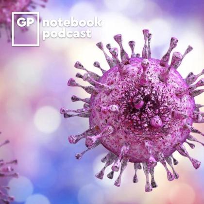 Detailed illustration of a pink virus particle with the GP notebook podcast logo in the upper left corner on a soft, blurred background.