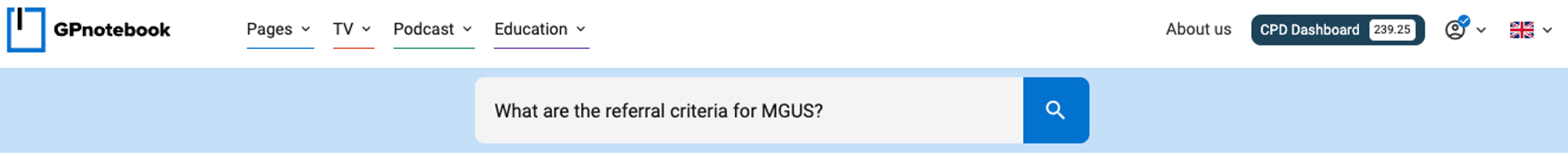 A website screen showing a search bar with the query "What are the referral criteria for MDUS?".