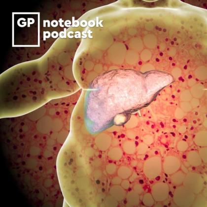 Illustration of a human liver with surrounding cells for the GP Notebook Podcast cover art.