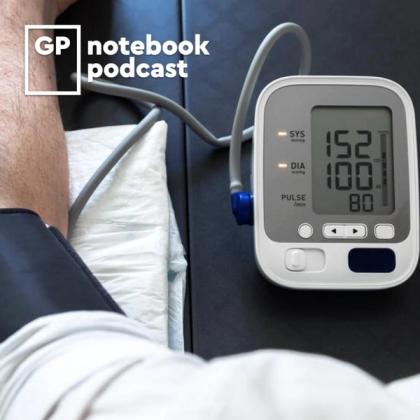 Person using a digital blood pressure monitor displaying high readings, with a GP notebook podcast logo in the corner