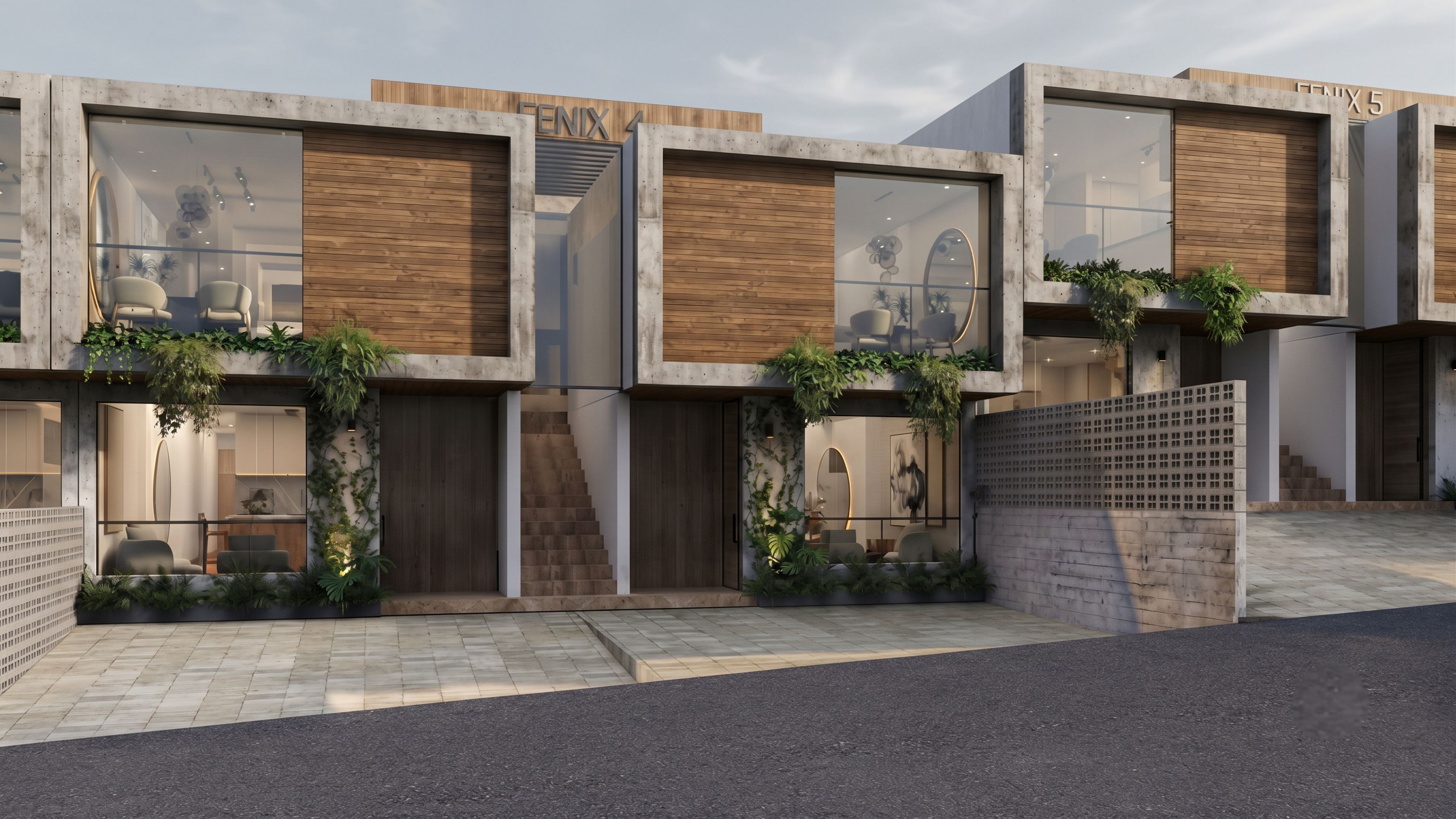 Fachada de los módulos con marcos de concreto, madera y jardineras