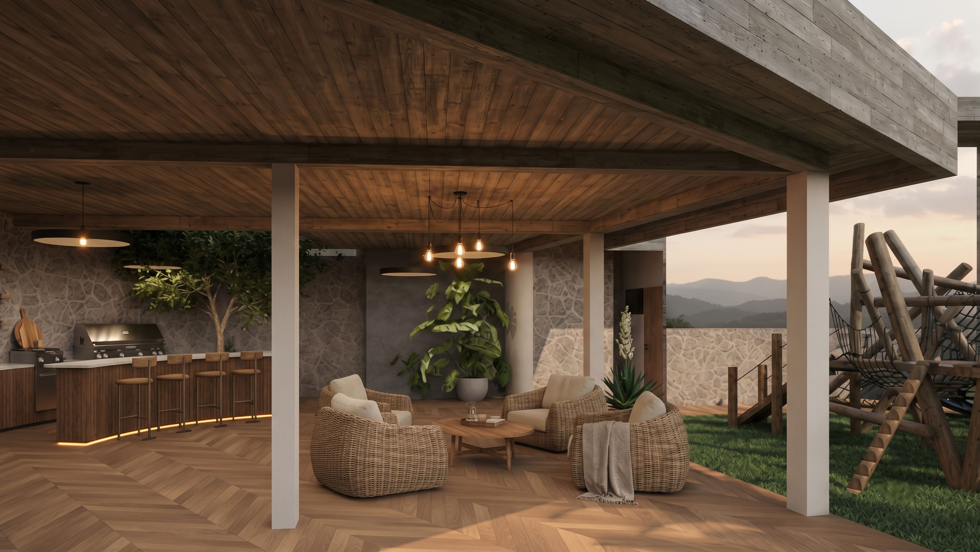 Área social techada con sillones, cocina exterior y vista a las montañas