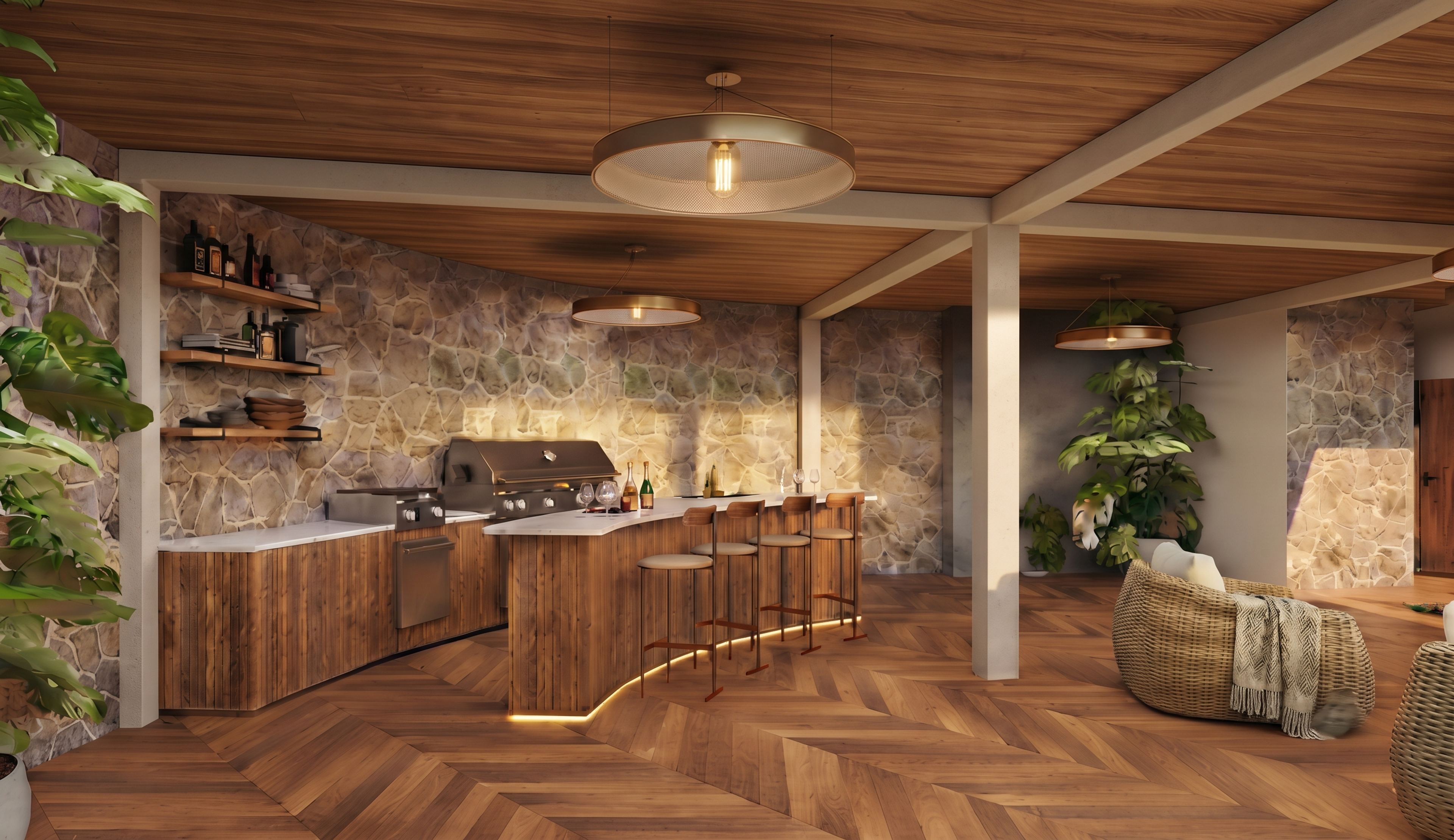 Cocina exterior con parrilla, barra y piso de madera en espiga