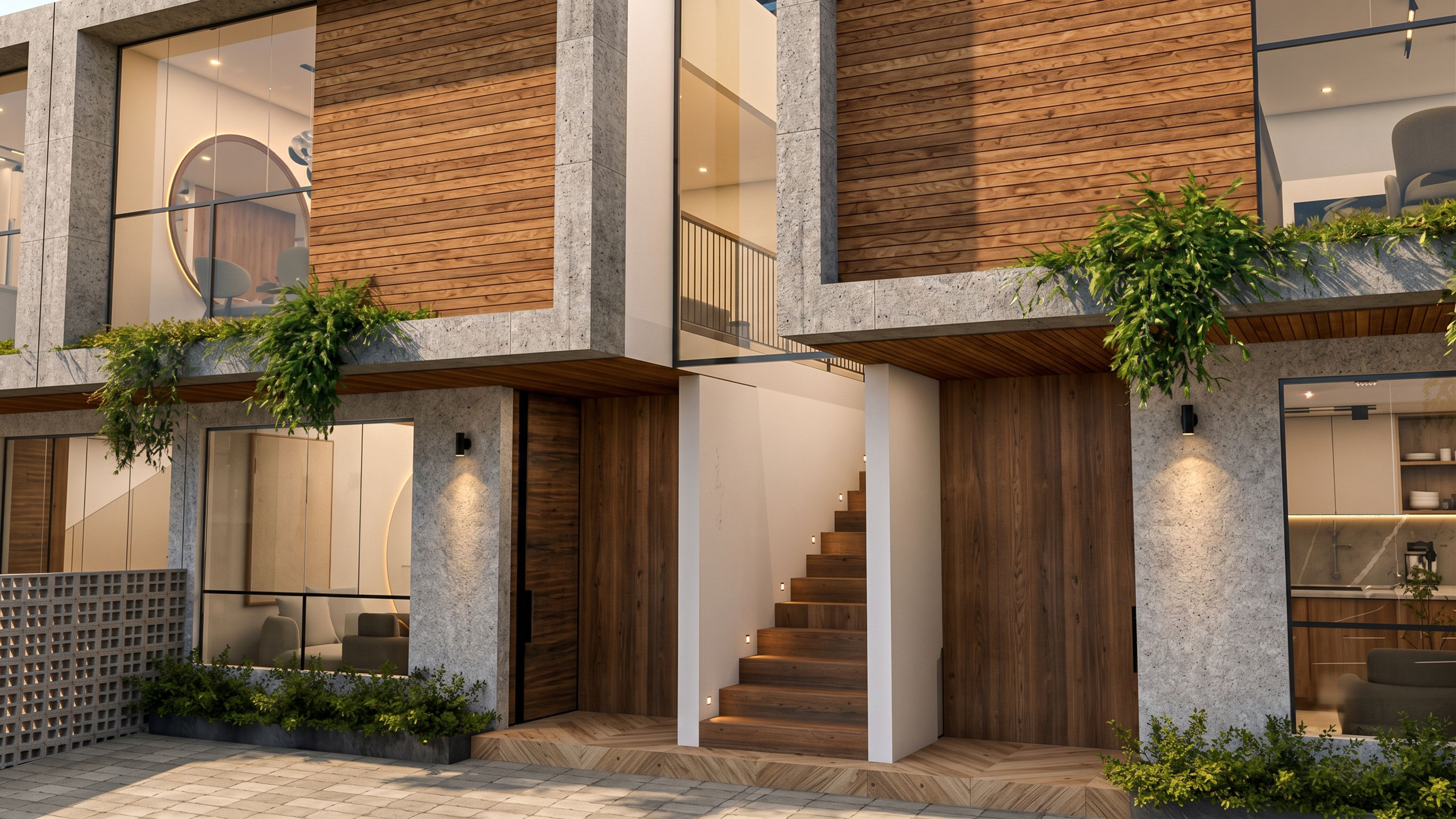 Escalera de acceso entre dos unidades, con revestimiento de madera y vegetación colgante