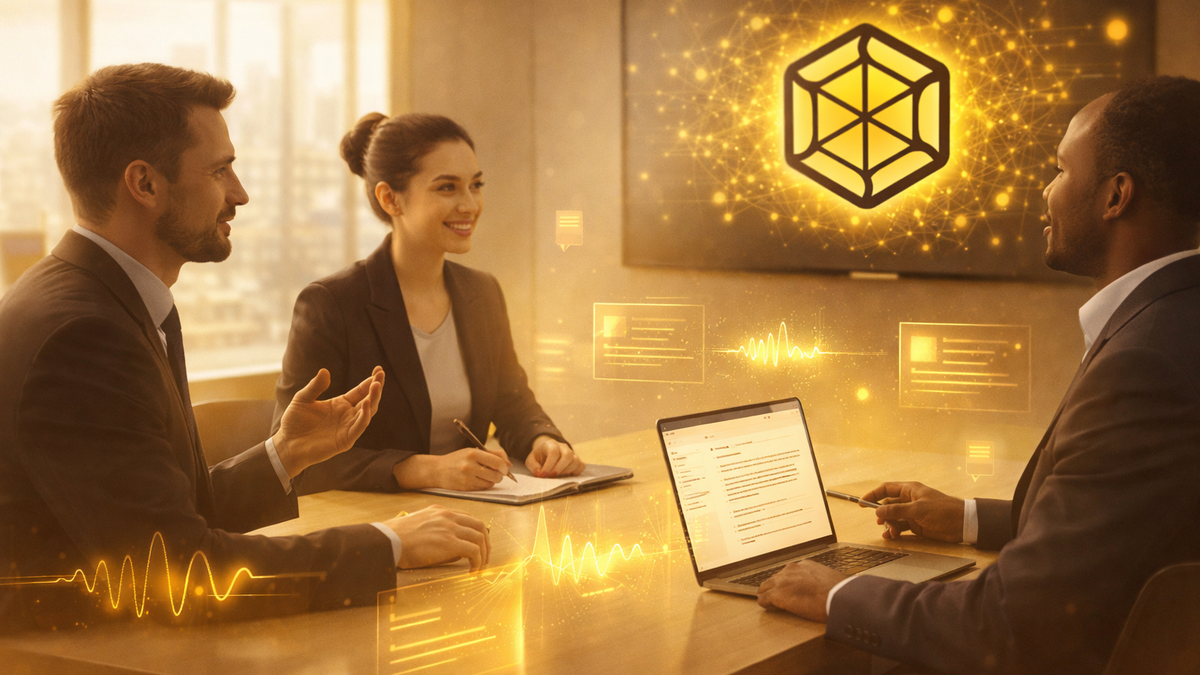 A modern team collaborating in a meeting while an AI assistant captures notes and action items