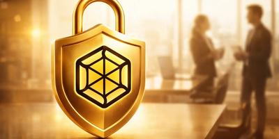 Professional workspace with a digital shield and lock symbolizing secure AI-powered meetings