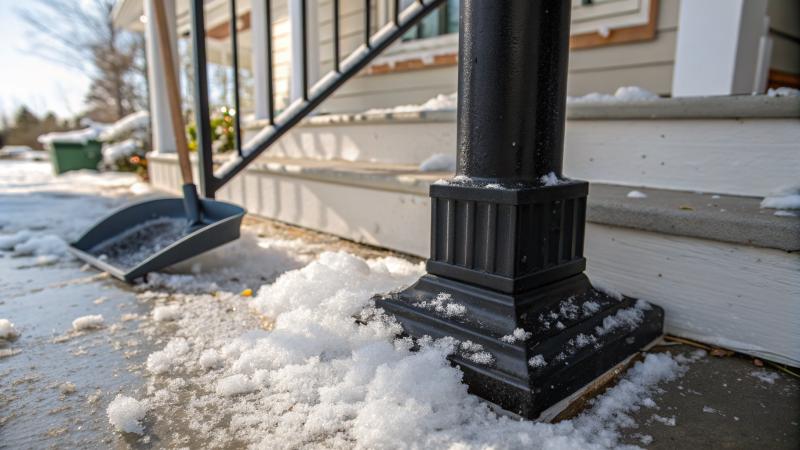 Black powder-coated aluminum railing post base covered in road salt residue and melting ice on a winter porch