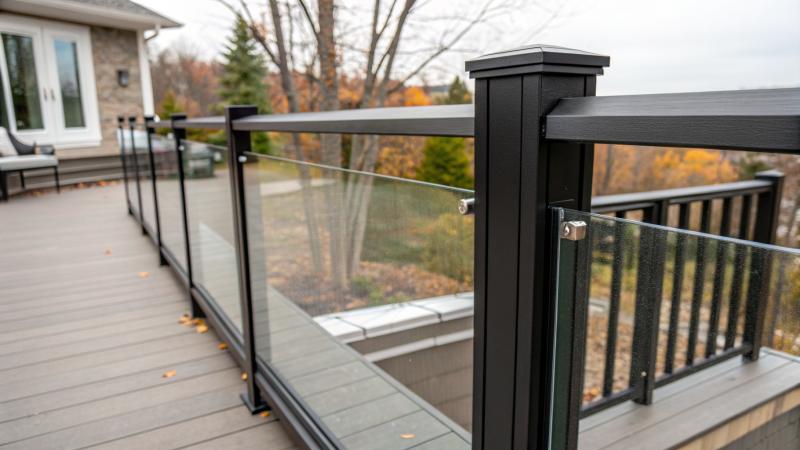 Close-up of a black aluminum framed glass railing post and top rail holding a clear tempered glass panel on a grey composite deck in autumn