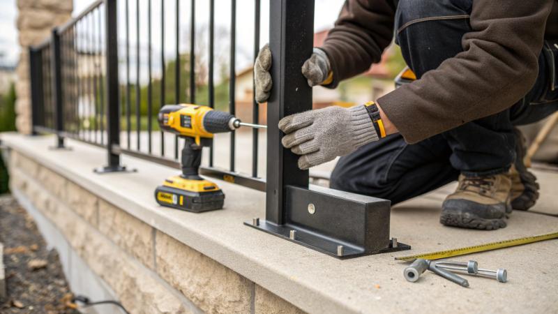 Installer using a torpedo level to set a black aluminum railing post base plate on a concrete porch edge