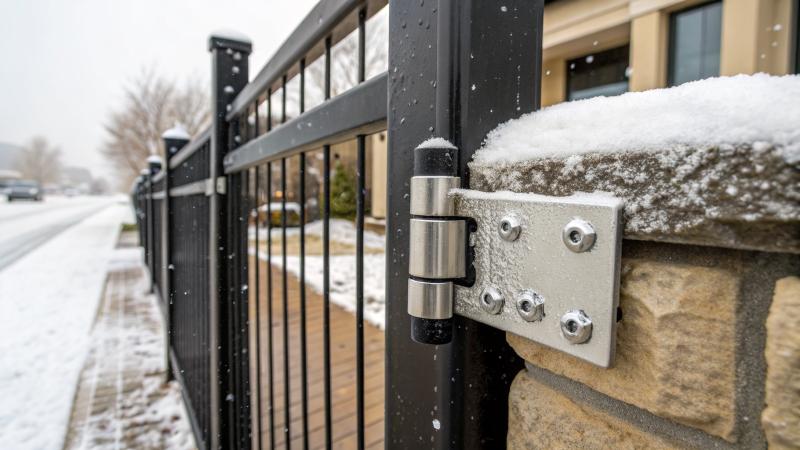 Close-up of a stainless steel hinge bracket bolted to a black powder coated aluminum gate post, with frost on the metal surfaces