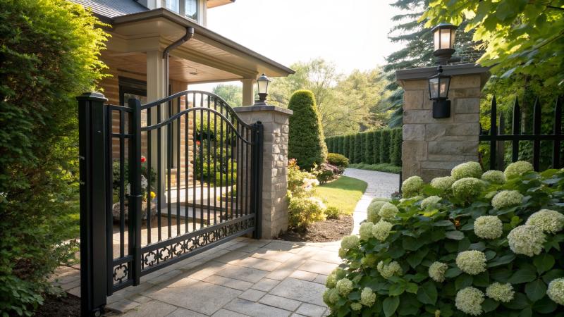 Black aluminum walk gate with vertical pickets and a decorative top collar opening onto a stone front walkway in summer