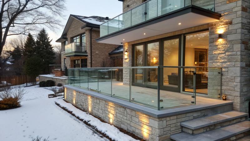Frameless glass railing panels along a raised stone terrace of a contemporary home at dusk, with snow on the lawn and warm light from the patio doors