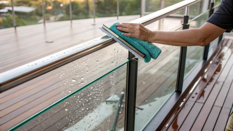 Gloved hand wiping a glass railing panel to a streak free finish with a microfibre cloth