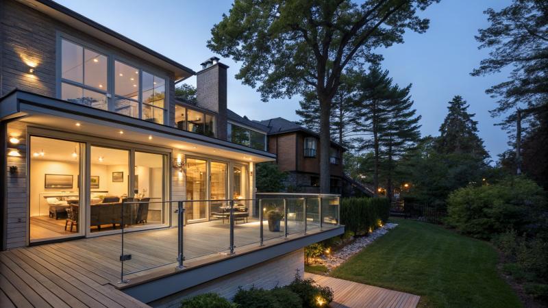 Frameless glass deck railing on stainless steel spigots overlooking a landscaped Ontario backyard at dusk