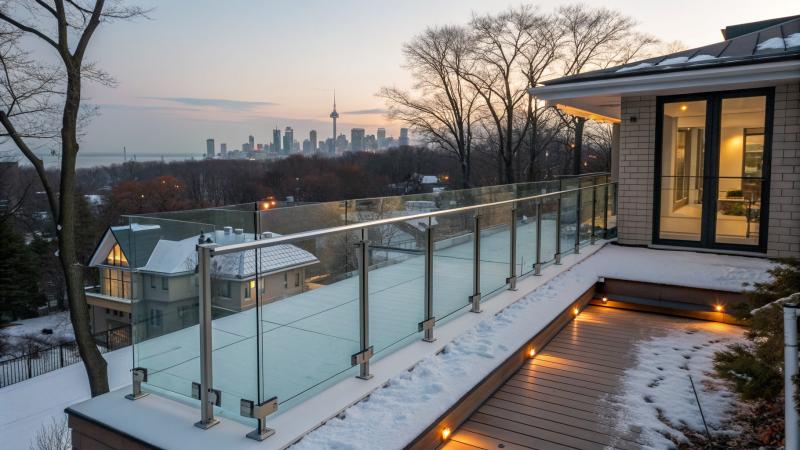 Frameless glass railing with stainless steel spigots on a snow-dusted rooftop terrace at dusk