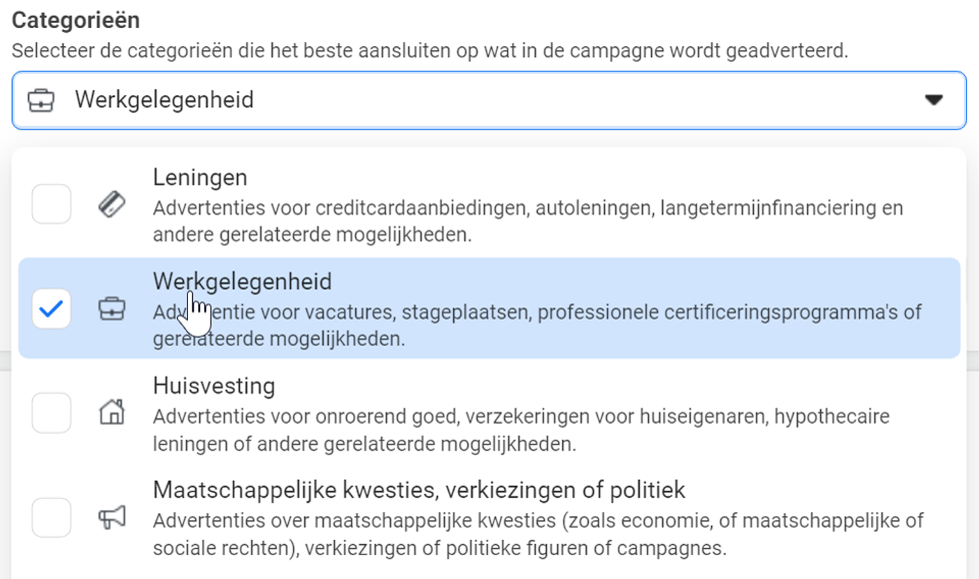 Advertentie-instellingen voor werkgelegenheid in Facebook
