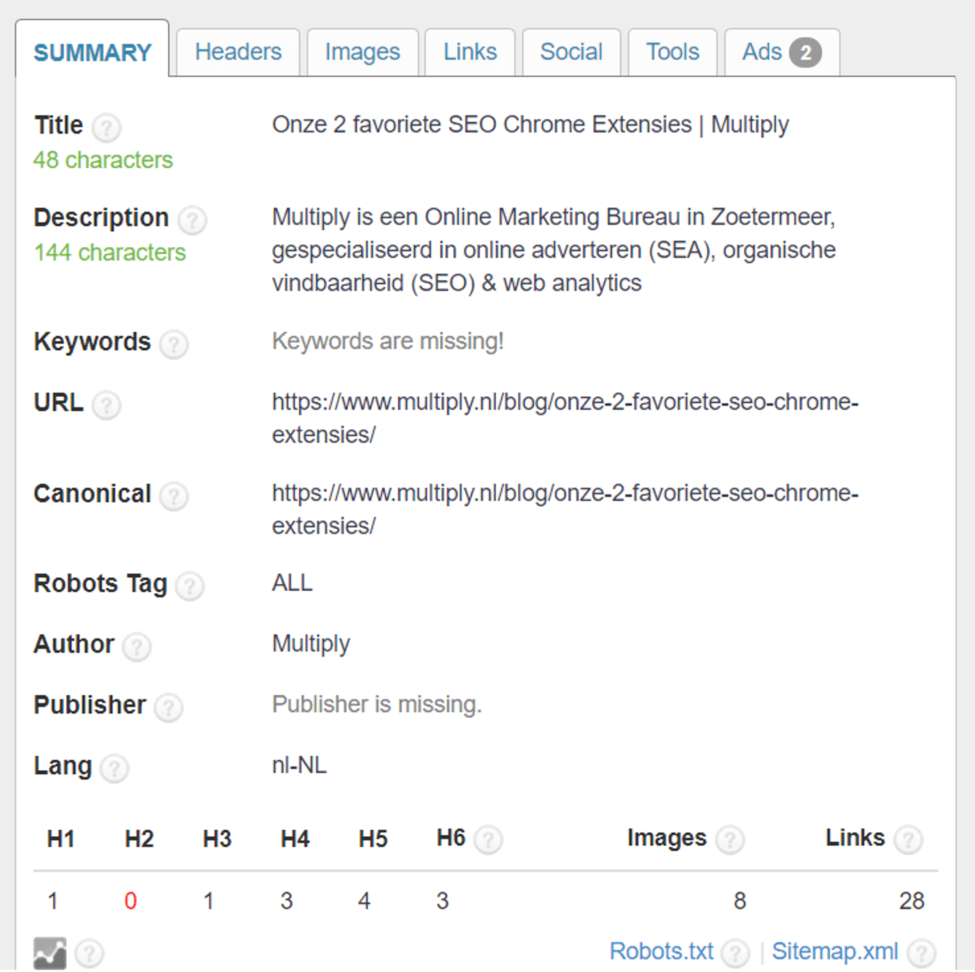 screenshot van de SEO in one click extensie
