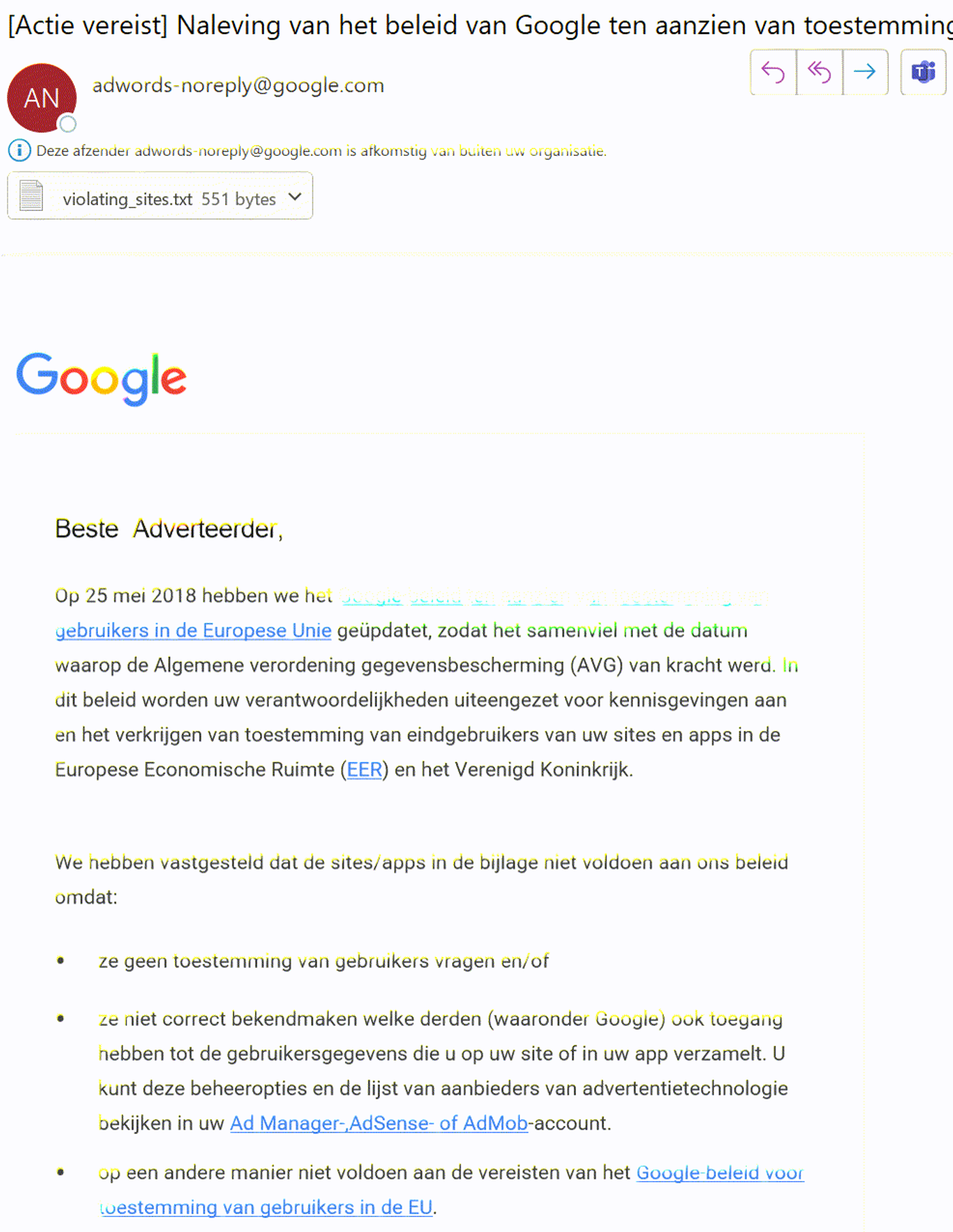 Naleving cookiebeleid Google