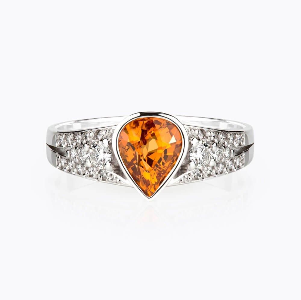 Prsten se spesartinem a diamanty 01, diamant, bílé zlato — Zlatnictví Vaněk Kolín
