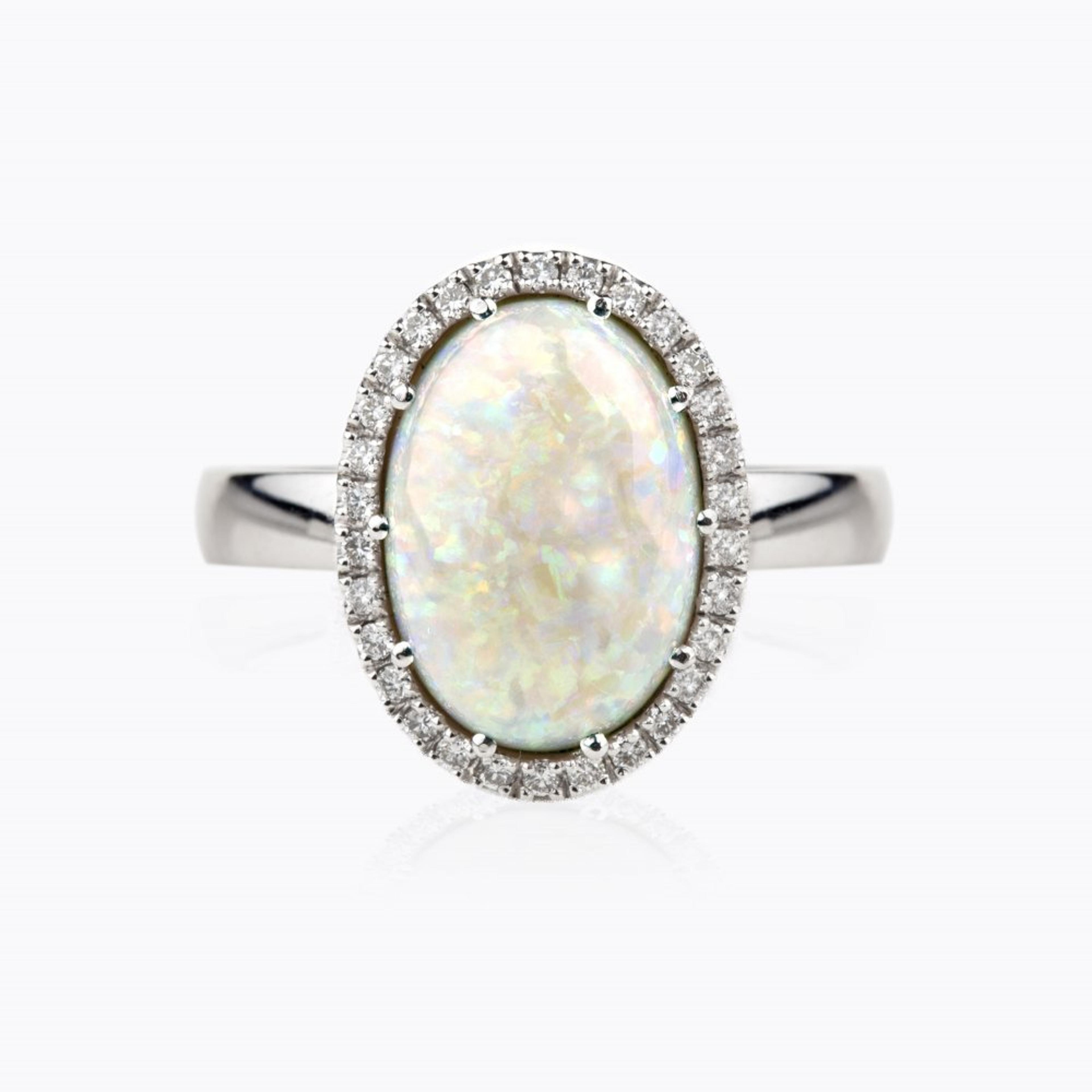 Prsten s opálem a diamanty 04, diamant, bílé zlato — Zlatnictví Vaněk Kolín