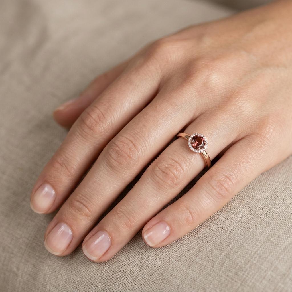 Prsten s turmalínem a diamanty 14, diamant, růžové zlato na ruce — Zlatnictví Vaněk Kolín