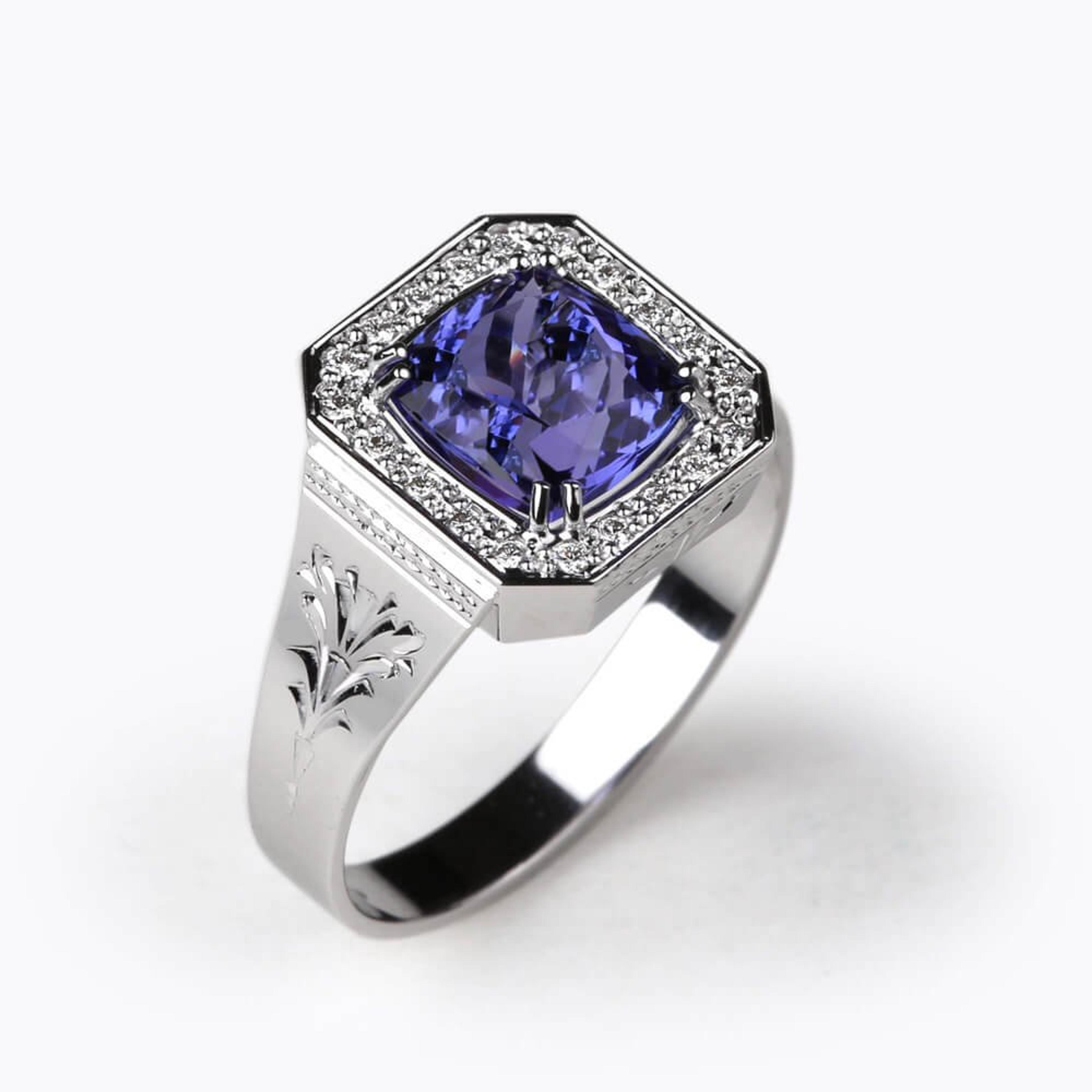 Pánský prsten s tanzanitem 08, diamant, bílé zlato — Zlatnictví Vaněk Kolín