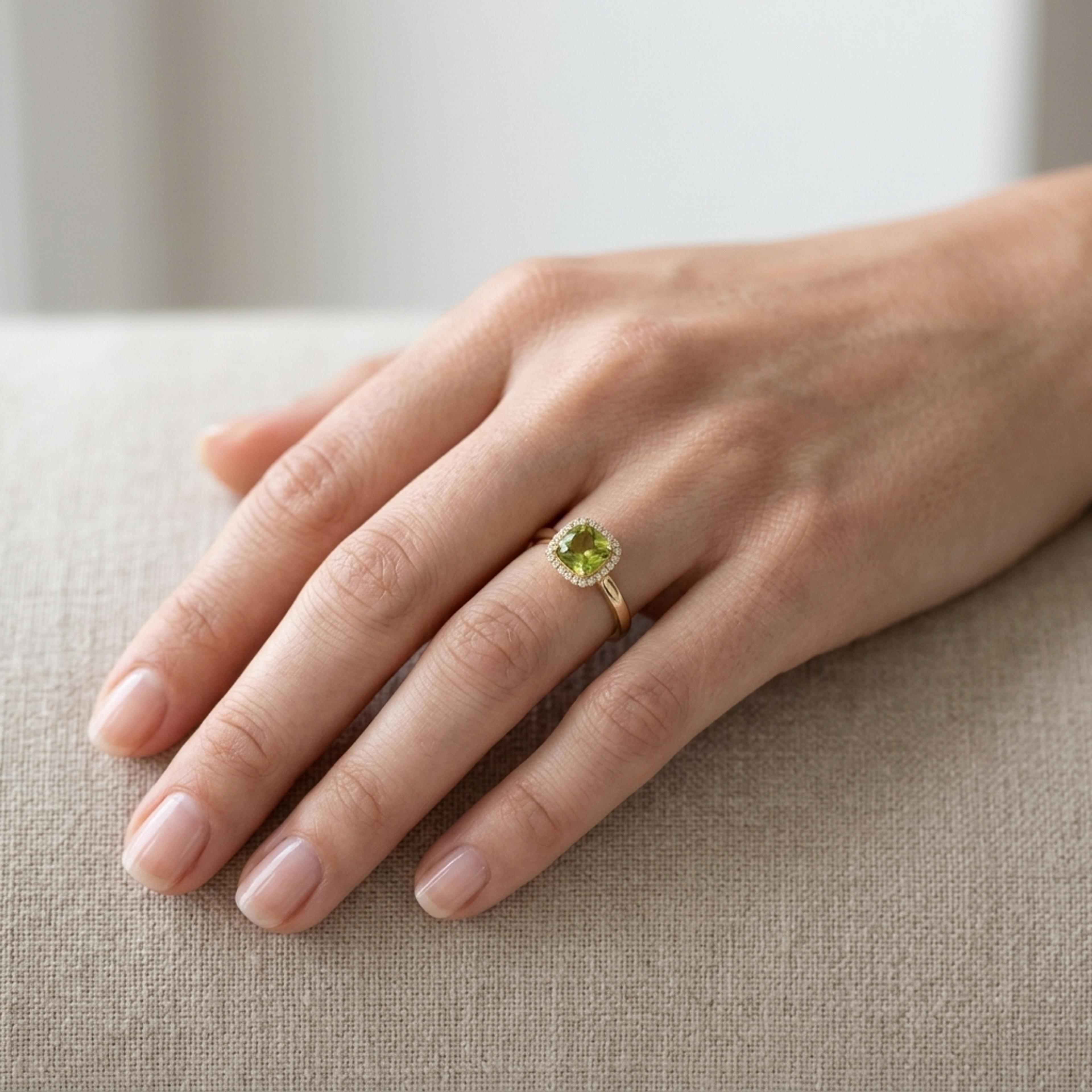 Prsten s olivínem a diamanty 01, diamant, žluté zlato na ruce — Zlatnictví Vaněk Kolín