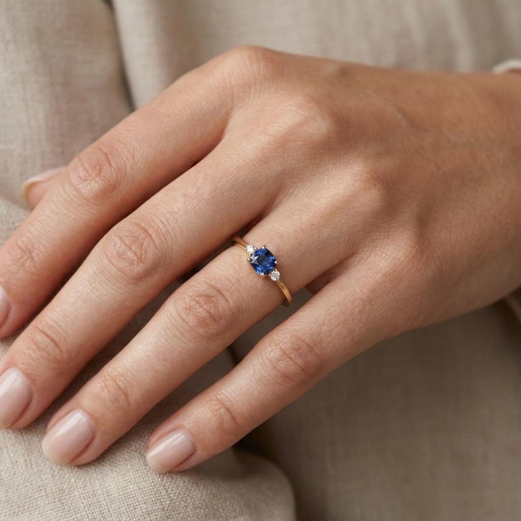 Prsten se safírem a diamanty 34, diamant, žluté zlato na ruce — Zlatnictví Vaněk Kolín