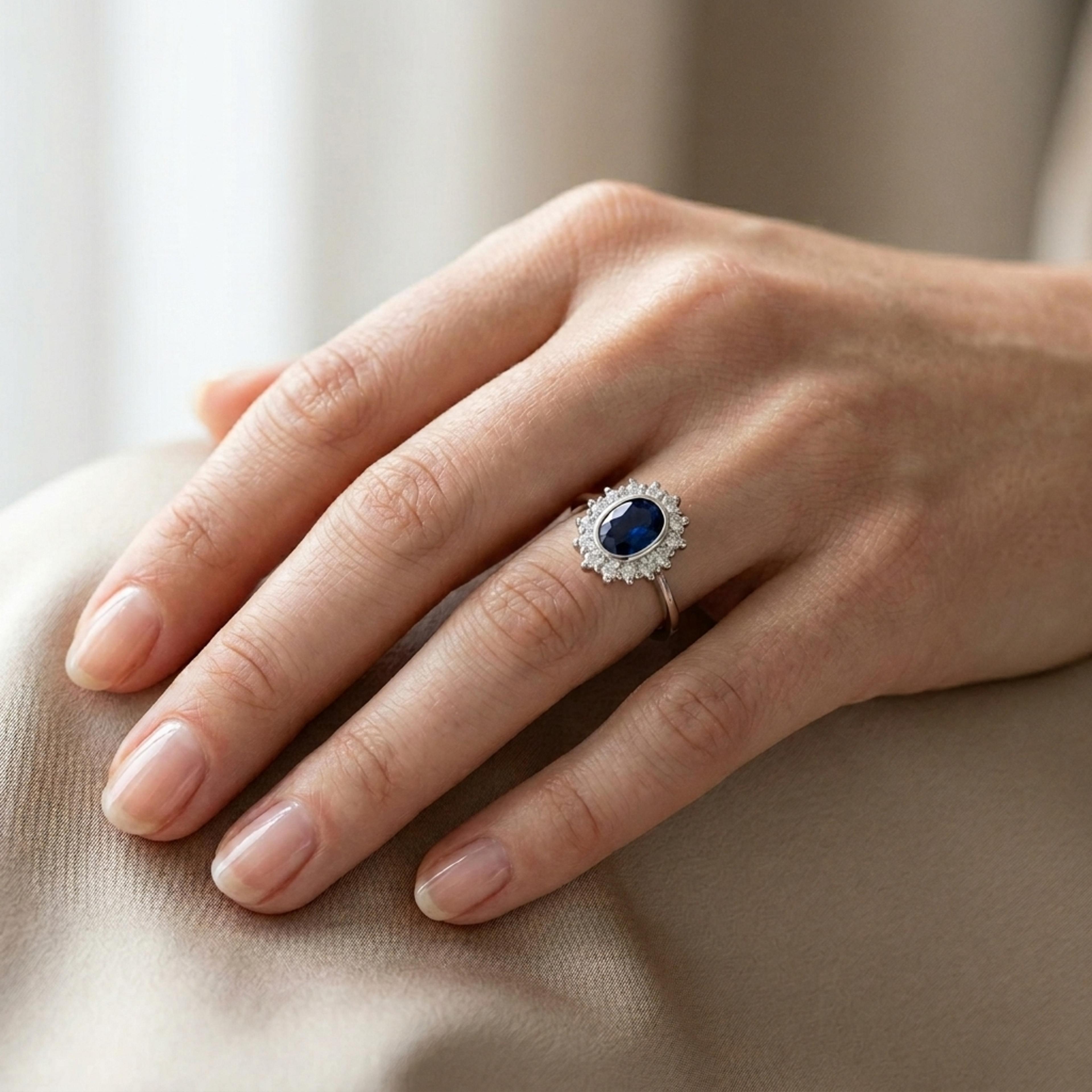 Prsten se safírem a diamanty 14, diamant, bílé zlato na ruce — Zlatnictví Vaněk Kolín