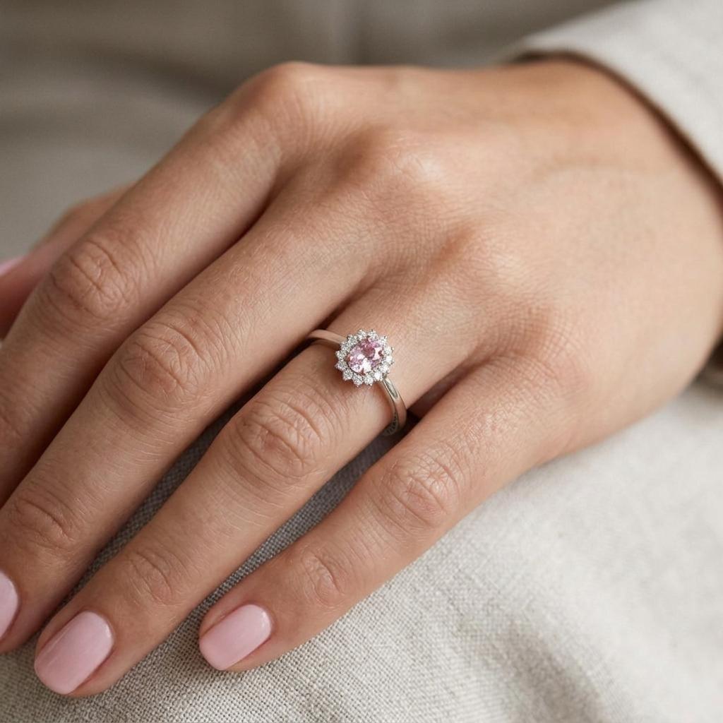 Prsten se spinelem a diamanty 15, diamant, bílé zlato na ruce — Zlatnictví Vaněk Kolín