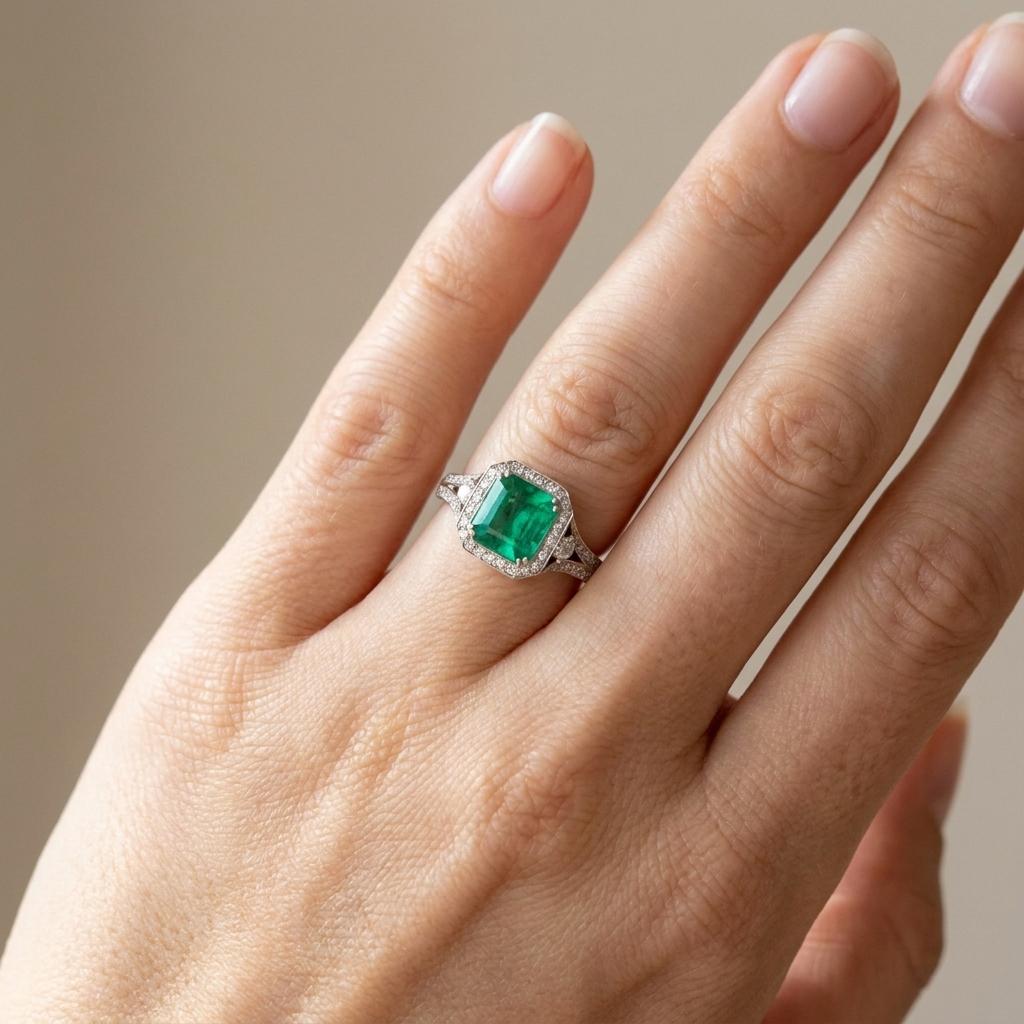 Prsten se smaragdem a diamanty 03, diamant, bílé zlato na ruce — Zlatnictví Vaněk Kolín