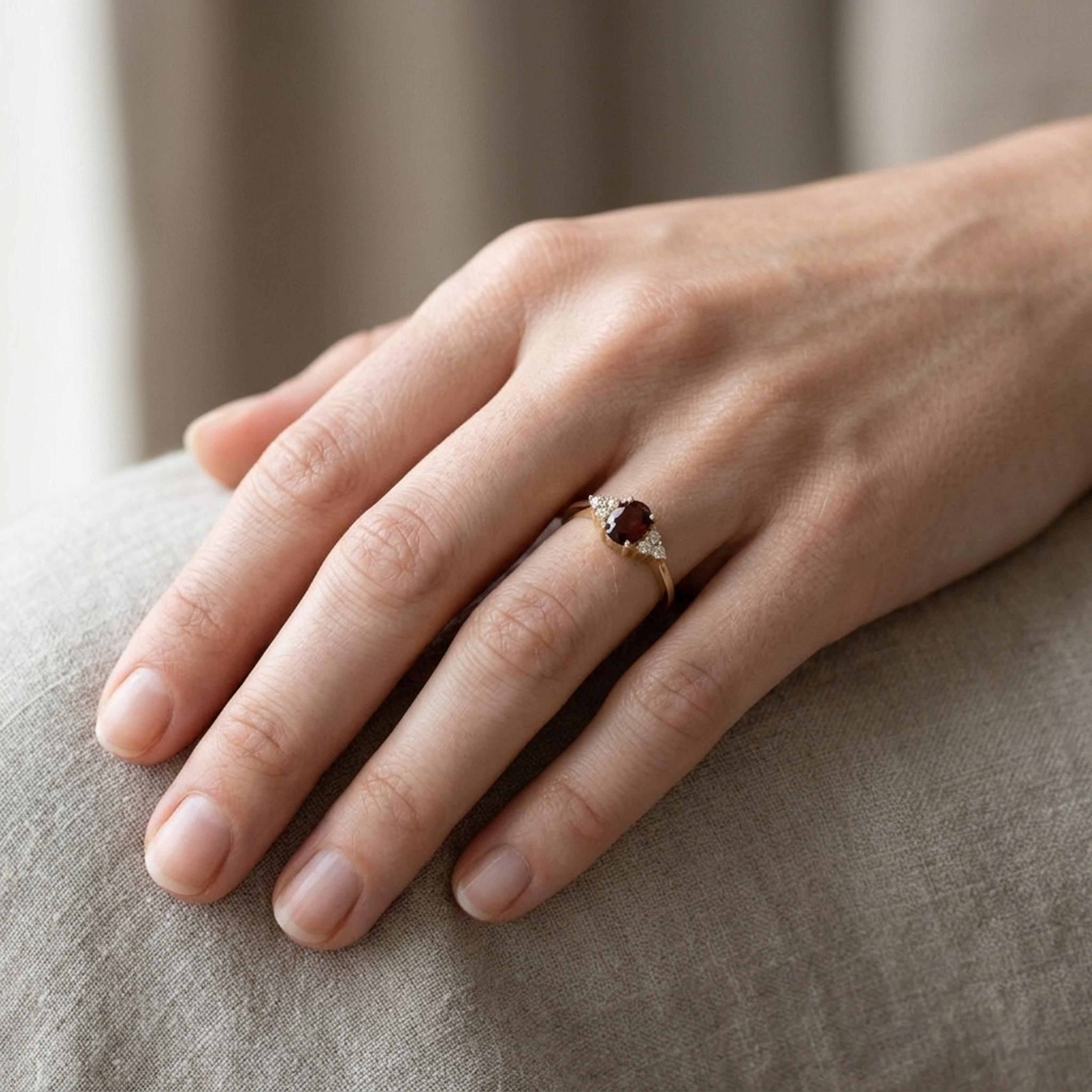 Prsten se spesartinem a diamanty 05, diamant, žluté zlato na ruce — Zlatnictví Vaněk Kolín