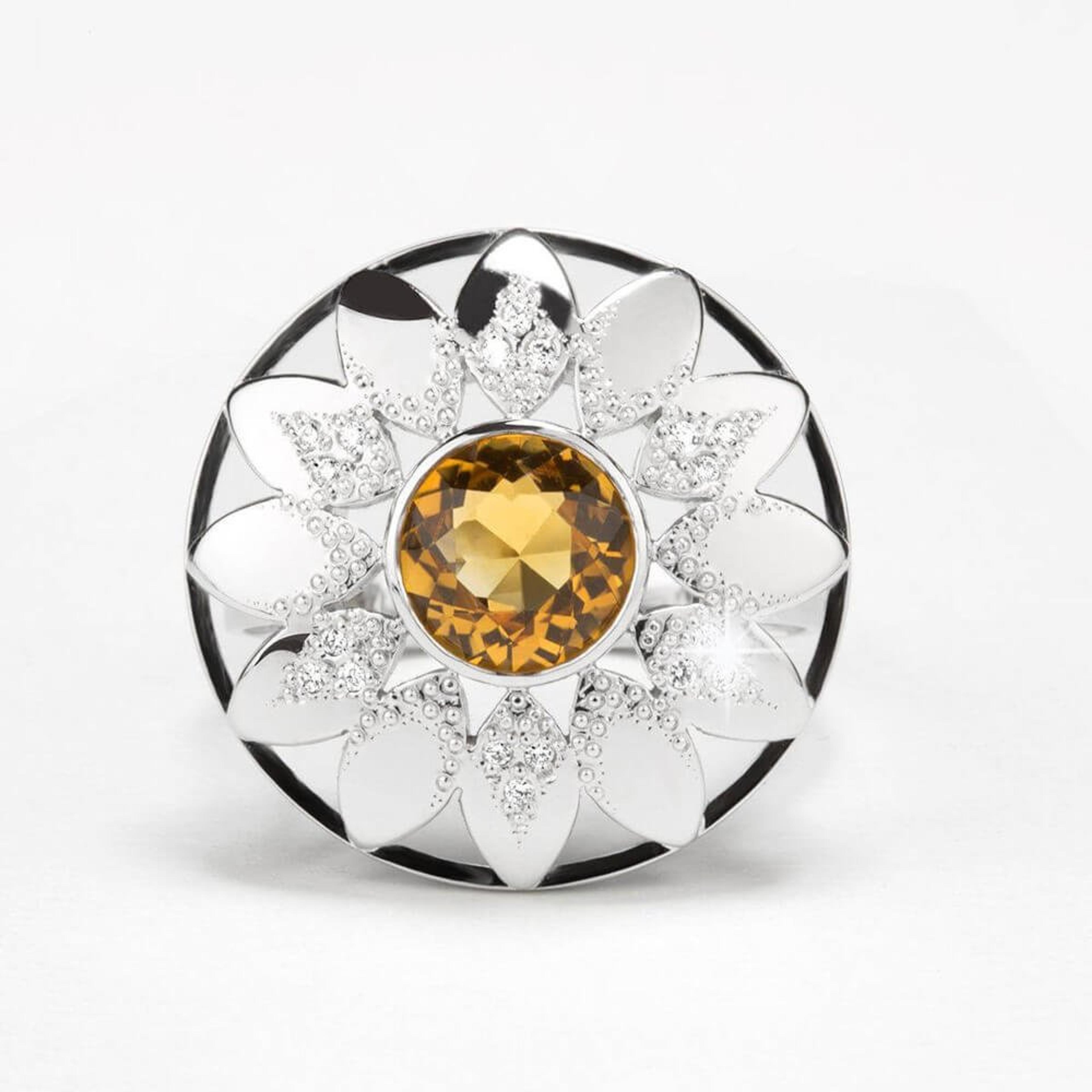 Prsten s citrínem a diamanty 01, diamant, bílé zlato — Zlatnictví Vaněk Kolín