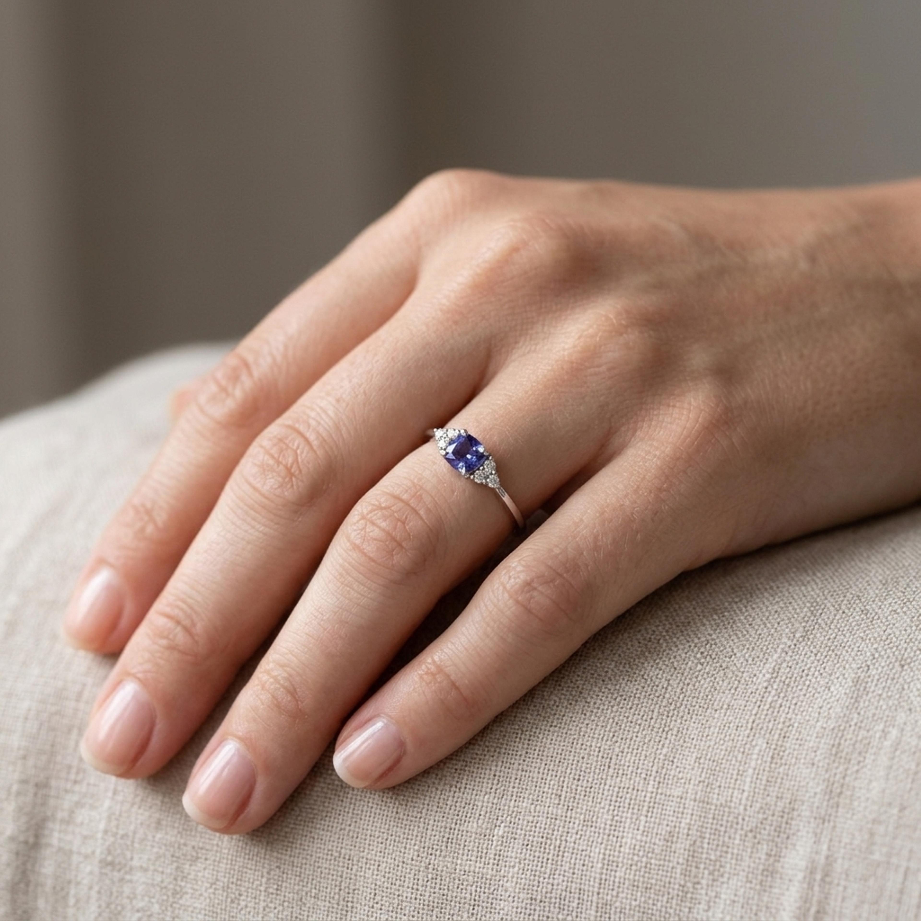 Prsten s tanzanitem a diamanty 07, diamant, bílé zlato na ruce — Zlatnictví Vaněk Kolín