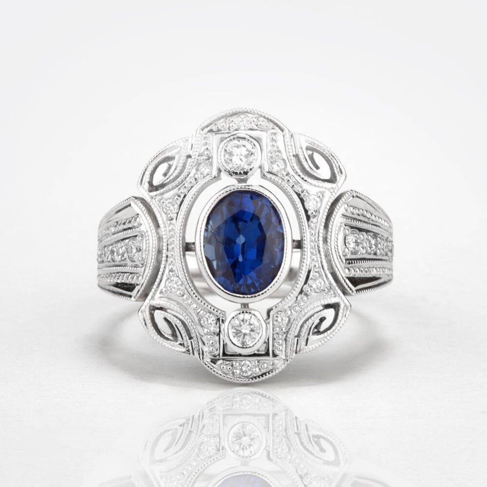 Prsten se safírem a diamanty 03, diamant, bílé zlato — Zlatnictví Vaněk Kolín