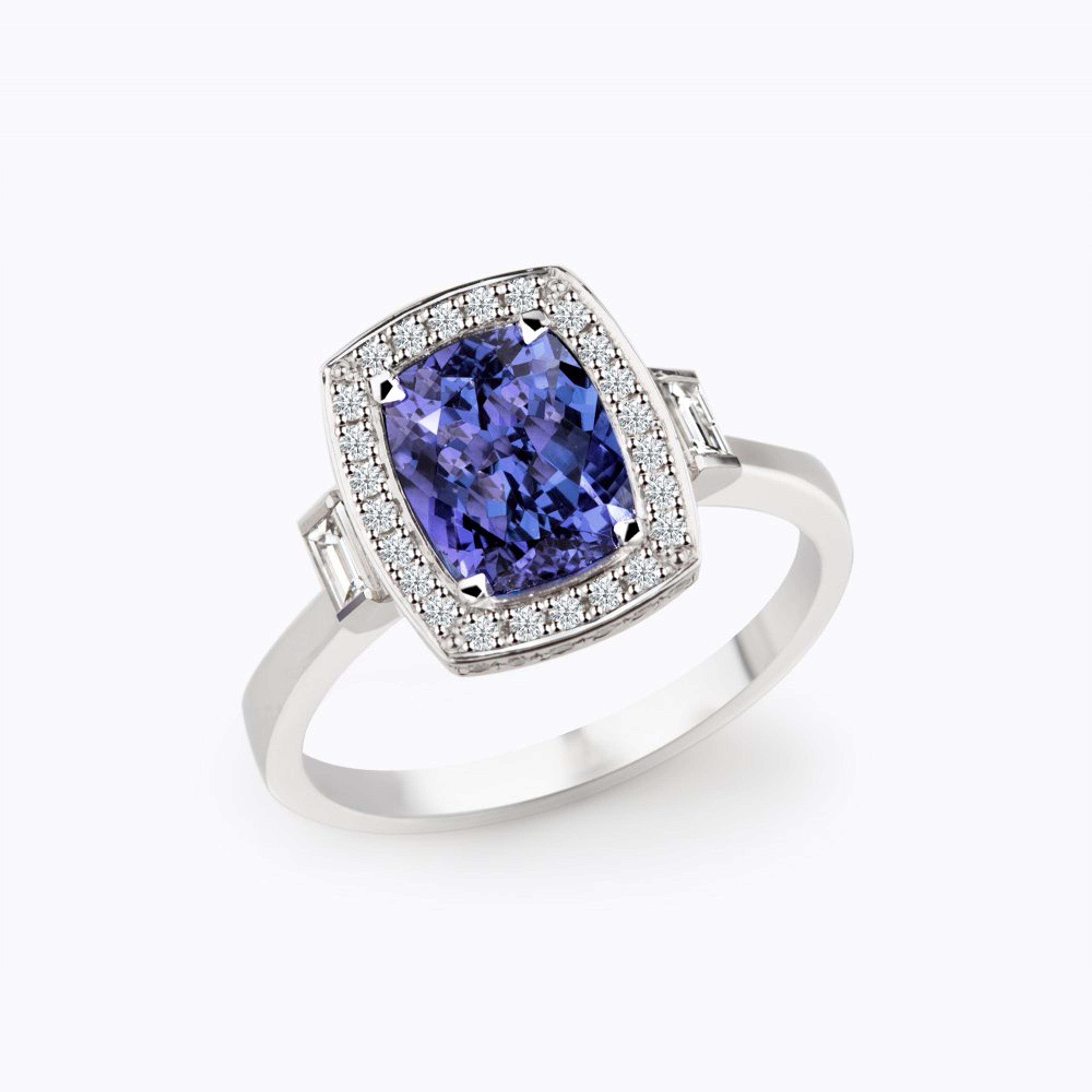 Prsten s tanzanitem a diamanty 05, diamant, bílé zlato — Zlatnictví Vaněk Kolín