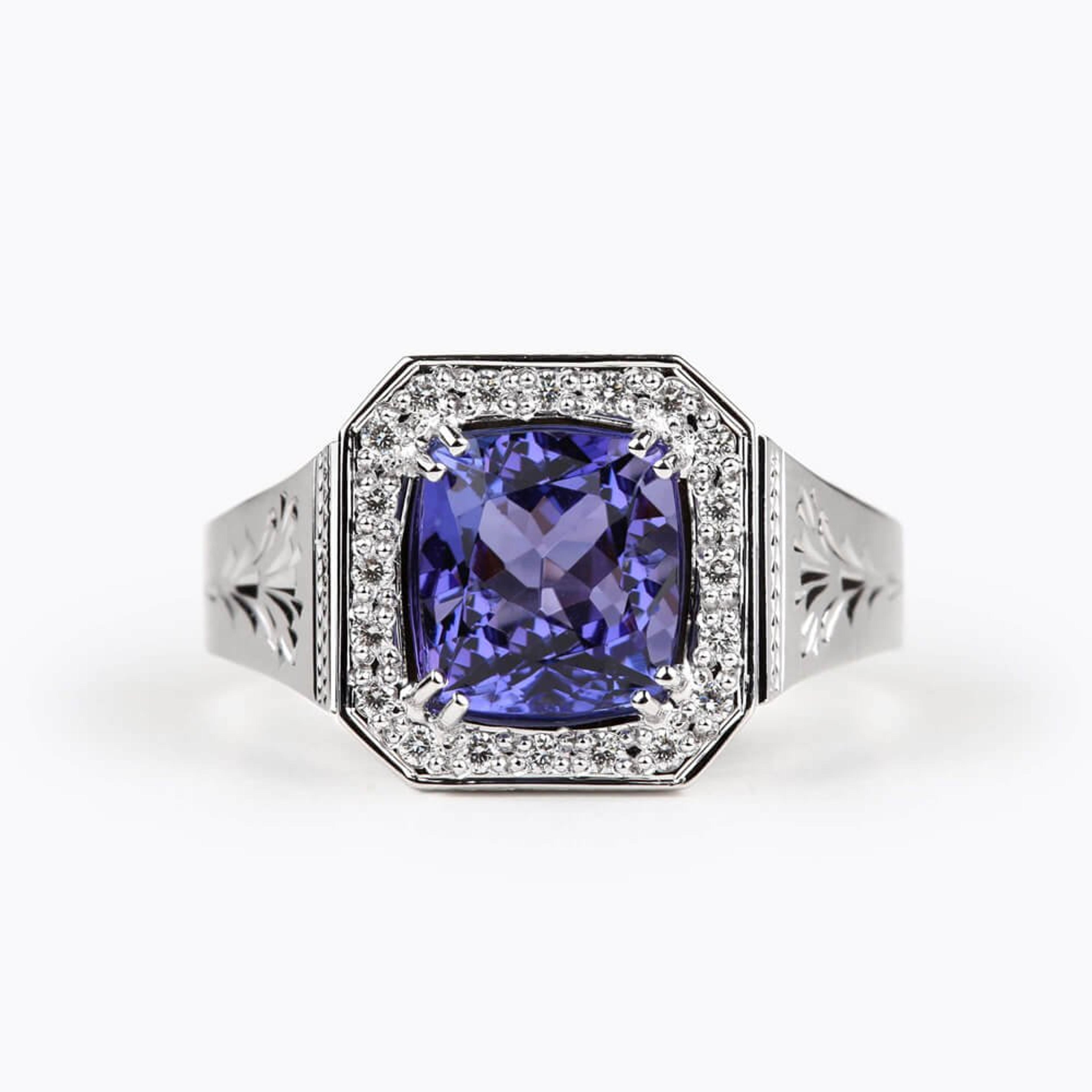 Pánský prsten s tanzanitem 08, diamant, bílé zlato — Zlatnictví Vaněk Kolín
