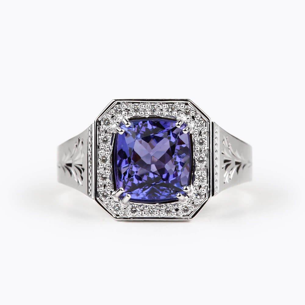 Pánský prsten s tanzanitem 08, diamant, bílé zlato — Zlatnictví Vaněk Kolín