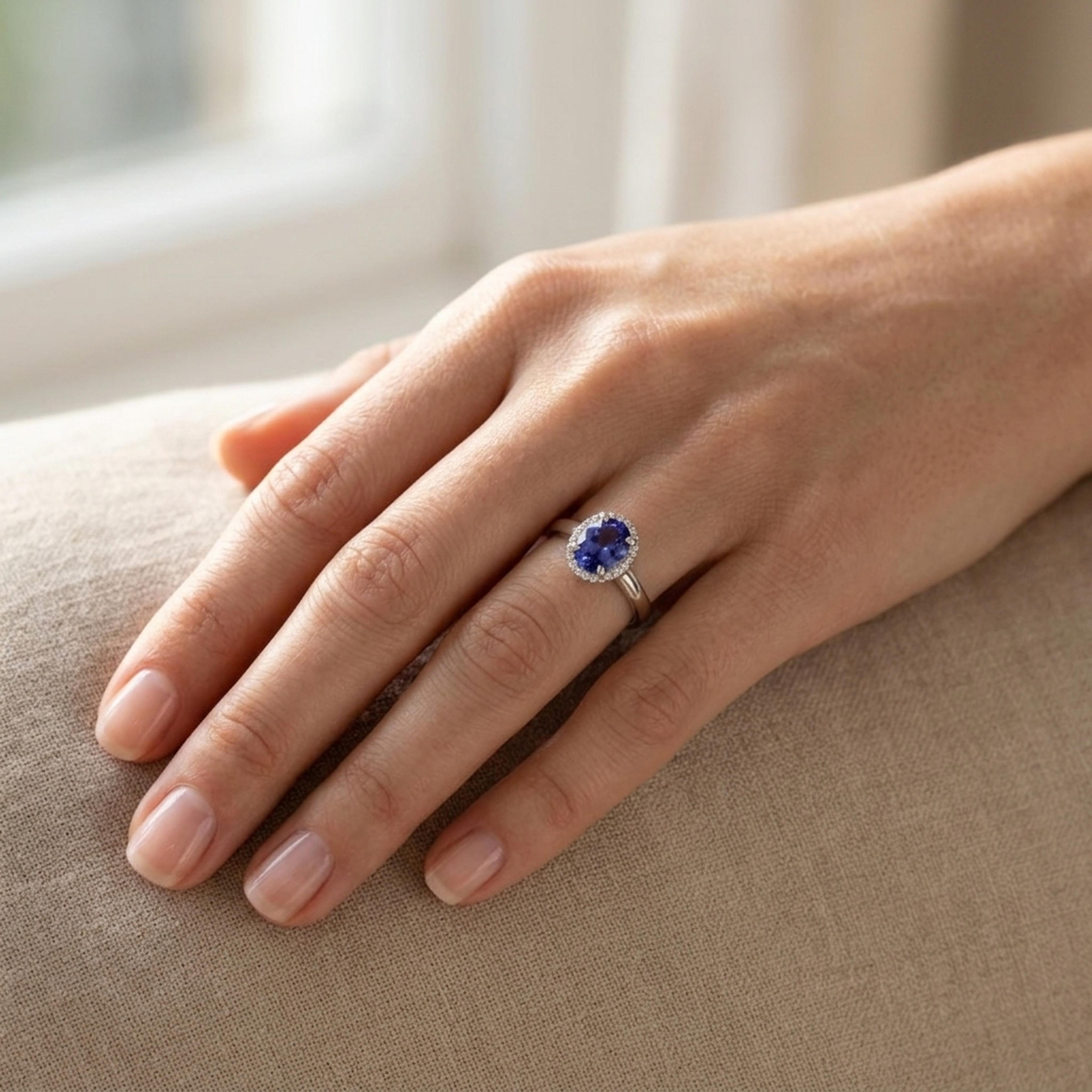 Prsten s tanzanitem a diamanty 08, diamant, bílé zlato na ruce — Zlatnictví Vaněk Kolín