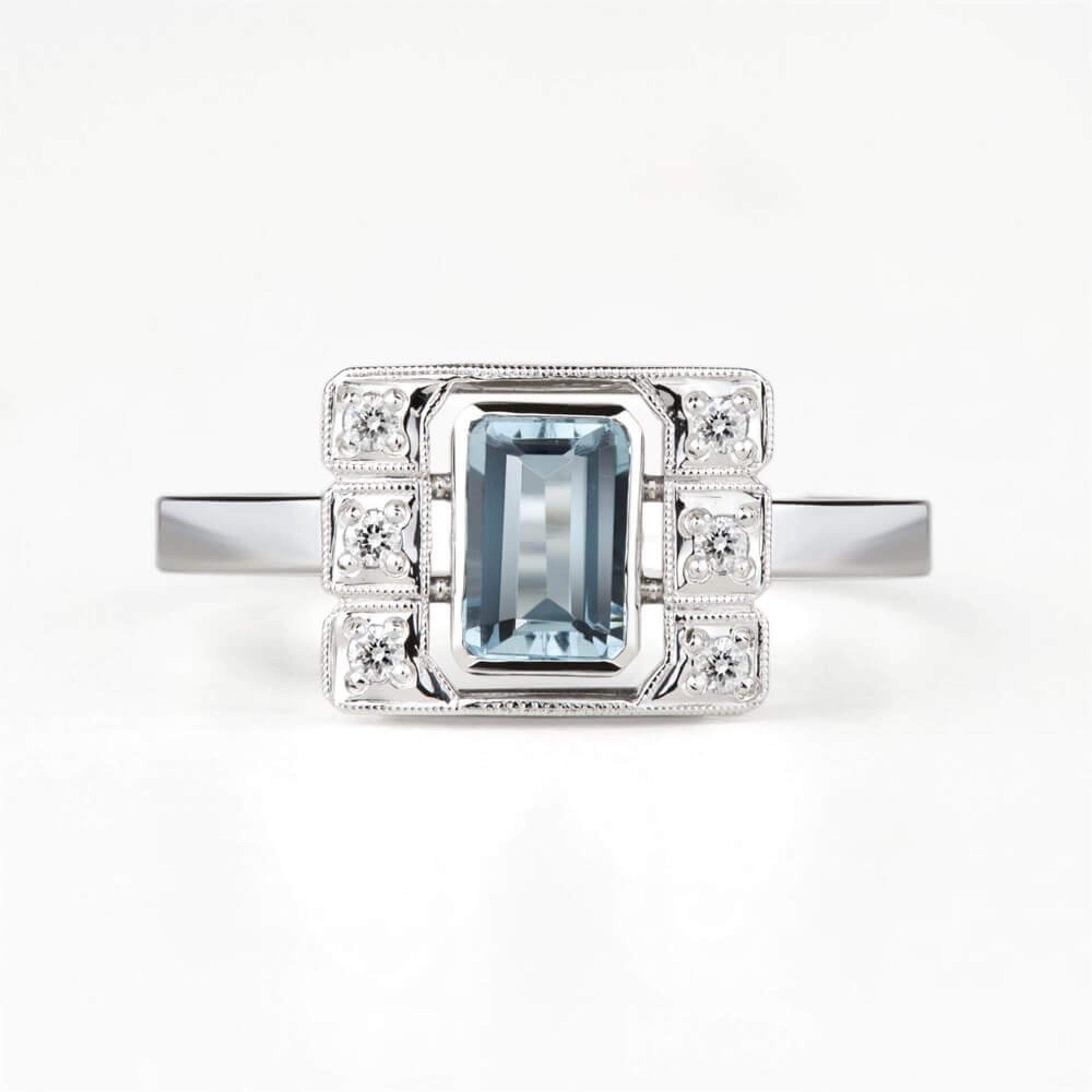 Prsten s akvamarínem a diamanty 02, diamant, bílé zlato — Zlatnictví Vaněk Kolín