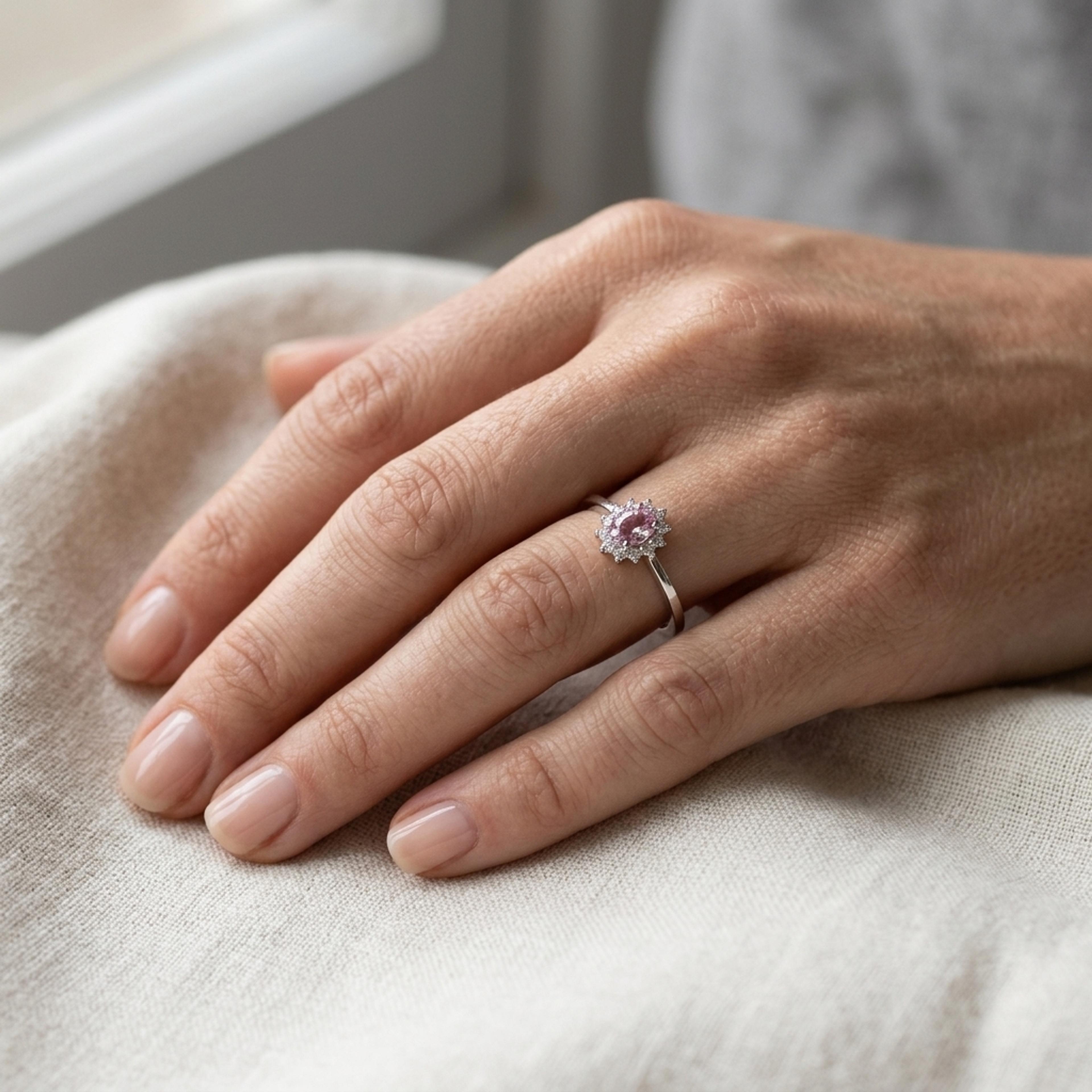 Prsten s morganitem a diamanty 03, diamant, bílé zlato na ruce — Zlatnictví Vaněk Kolín