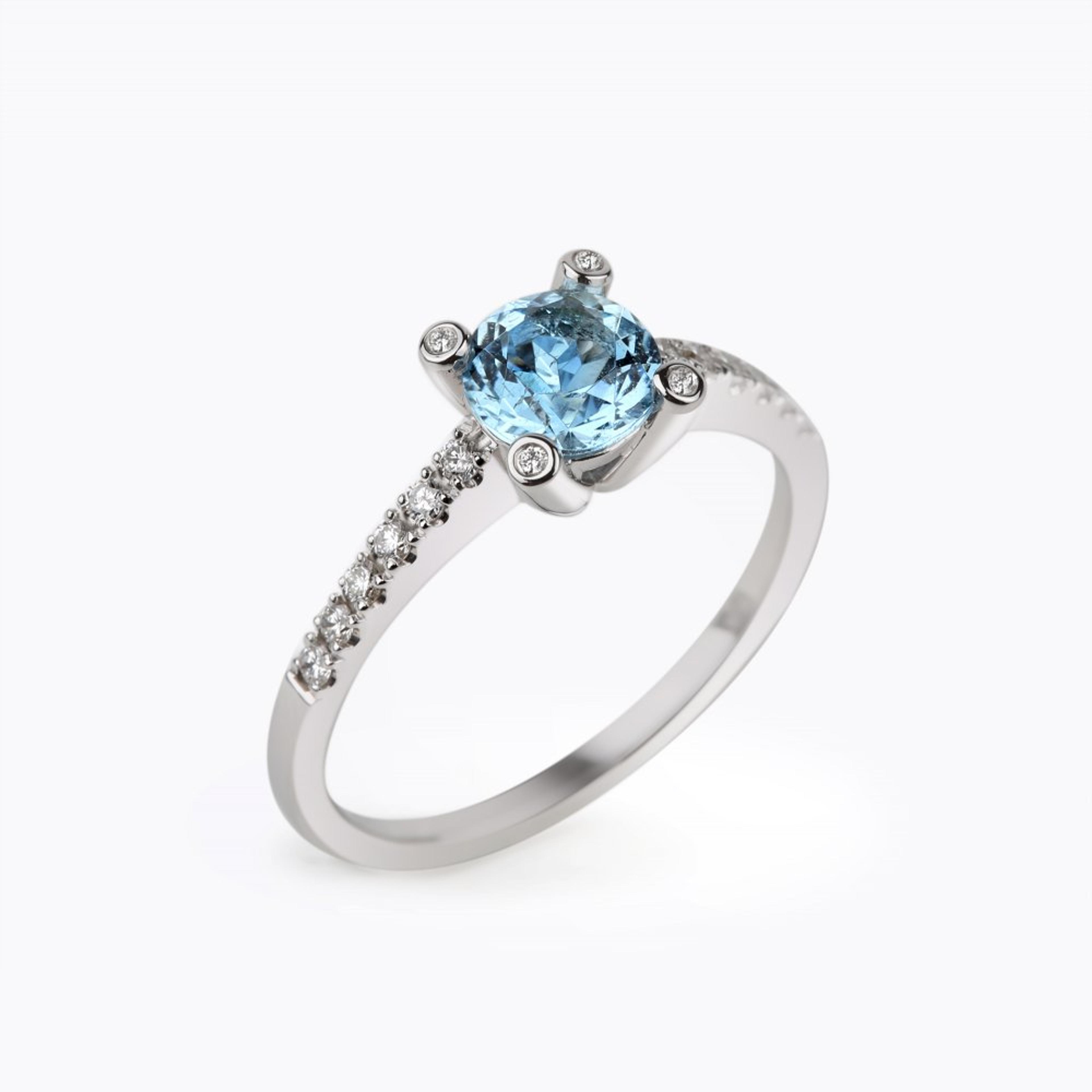 Prsten s akvamarínem a diamanty 01, diamant, bílé zlato — Zlatnictví Vaněk Kolín