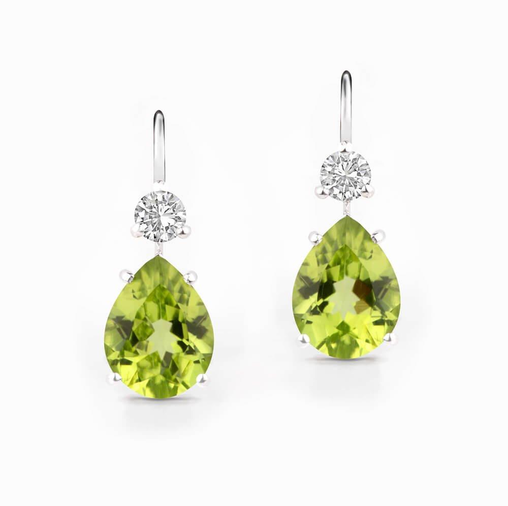 Náušnice s olivínem a diamanty 02, diamant, bílé zlato — Zlatnictví Vaněk Kolín