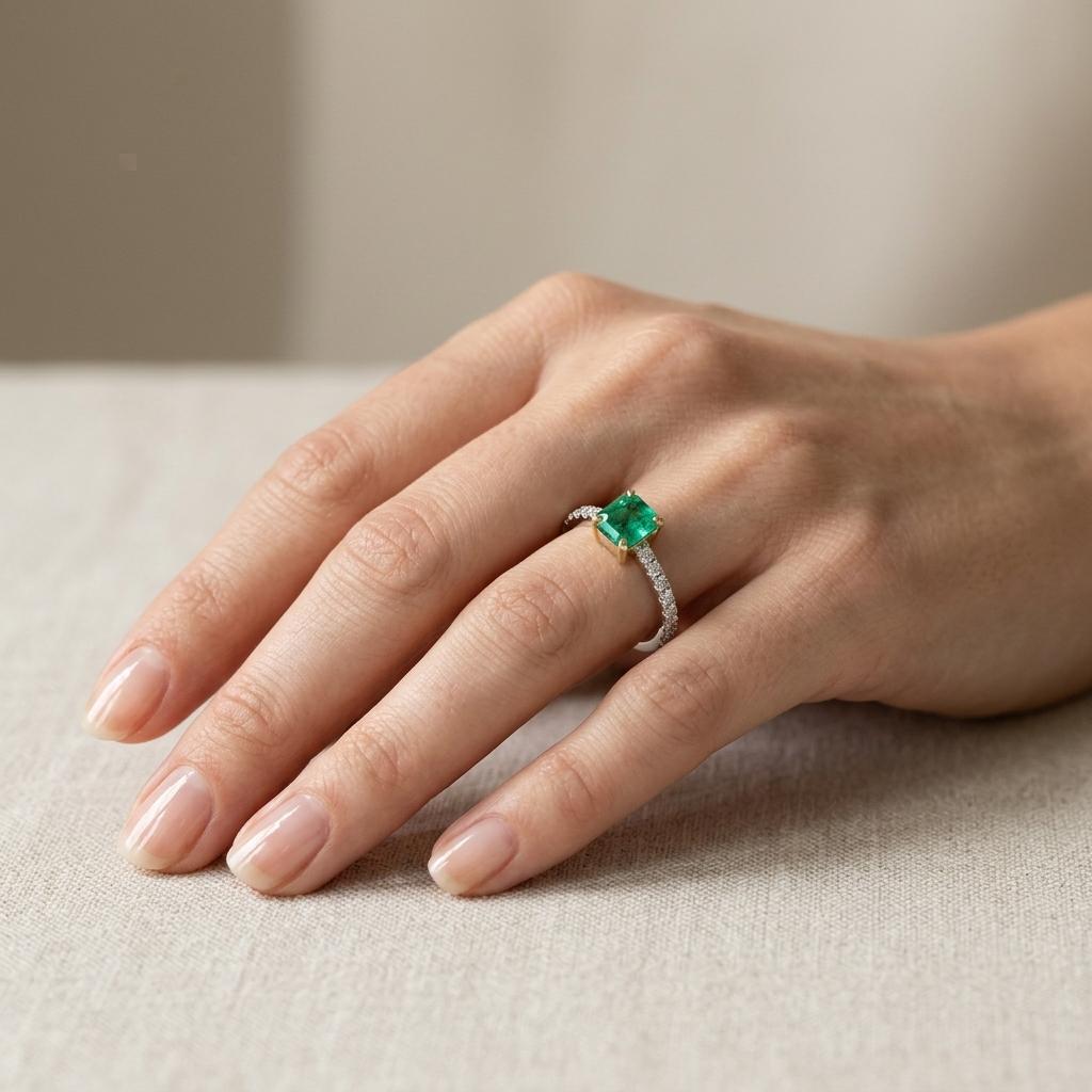 Prsten se smaragdem a diamanty 15, diamant, bílé zlato na ruce — Zlatnictví Vaněk Kolín