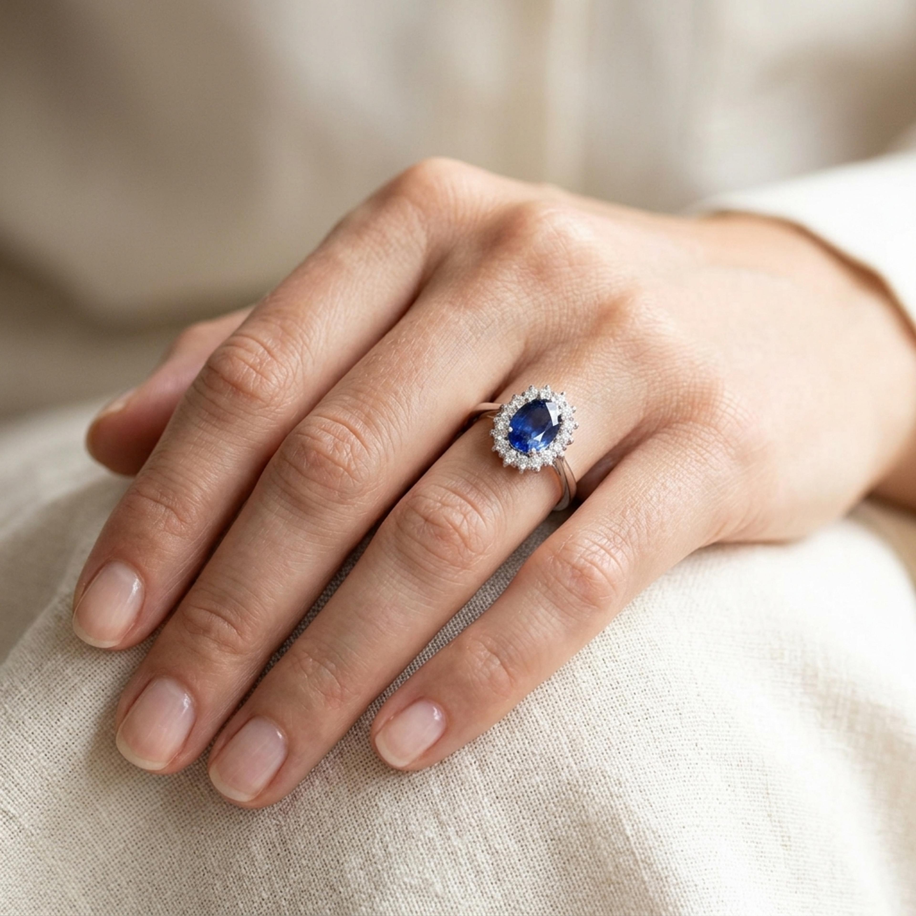Prsten se safírem a diamanty 07, diamant, bílé zlato na ruce — Zlatnictví Vaněk Kolín