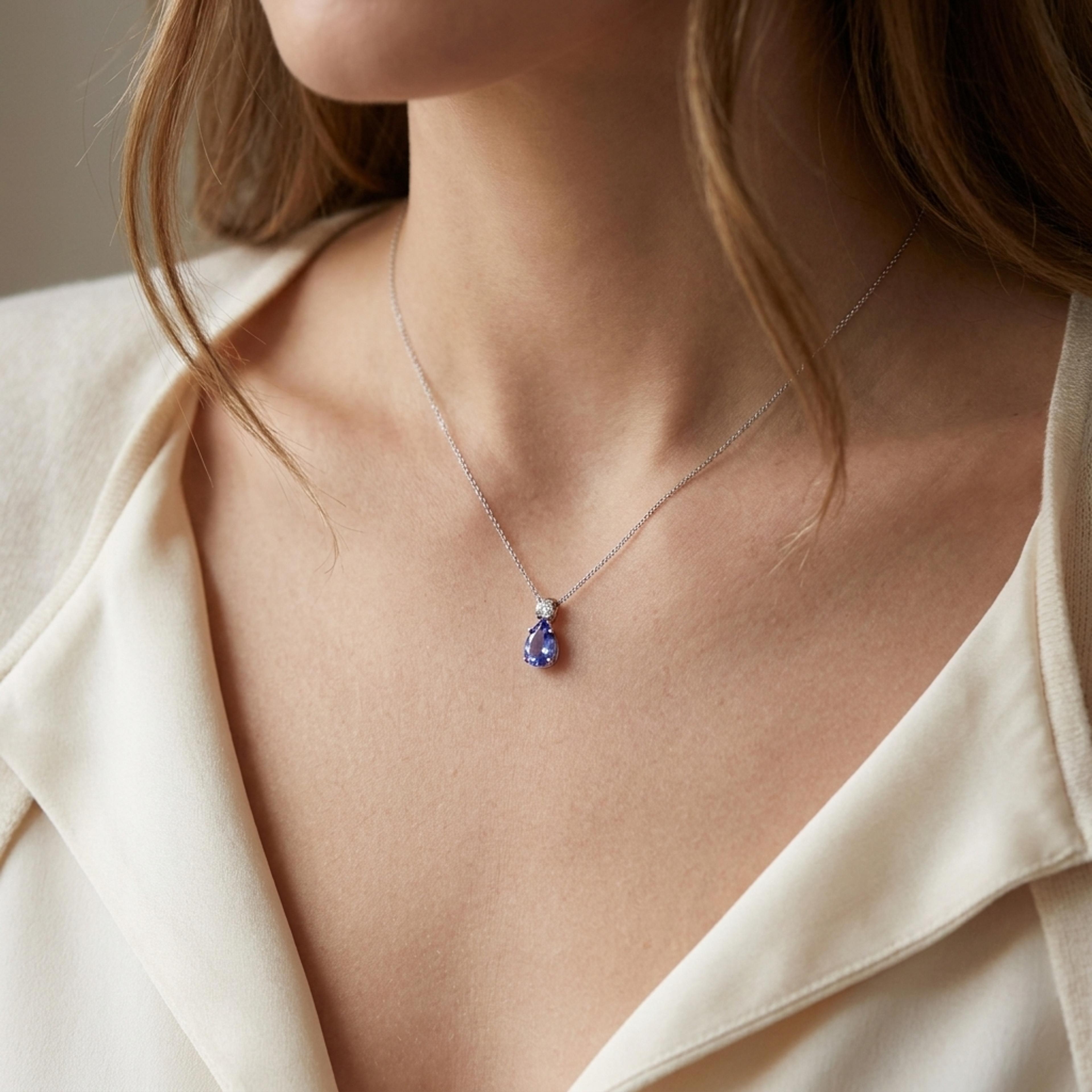 Přívěsek s tanzanitem a diamantem 04, diamant, bílé zlato na krku — Zlatnictví Vaněk Kolín